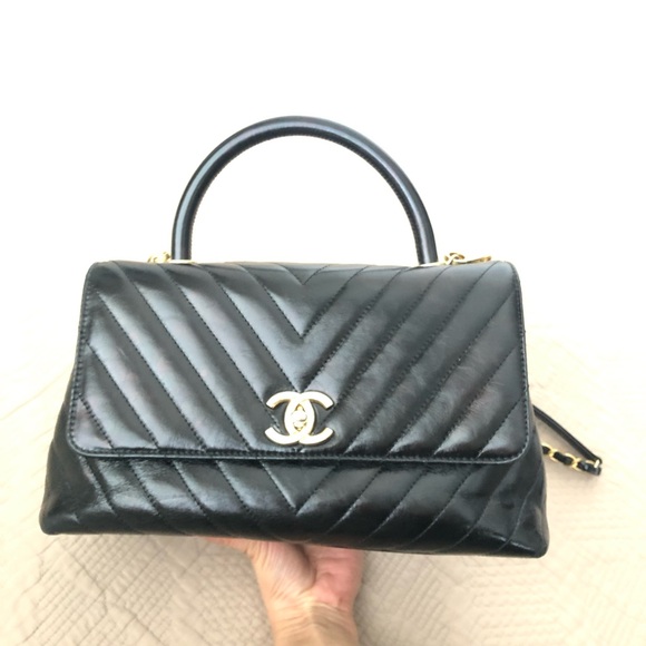 Chanel Coco Top Handle Chevron Iridescent Calfskin Leather flap small bag. $6700 - Picture 3 of 17